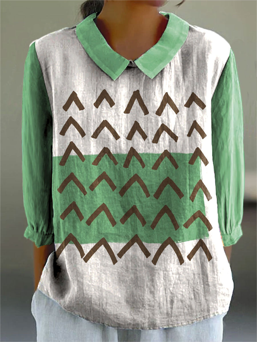 Simple Geometric Art Print Casual Cotton & Linen 3/4 Sleeve Shirt