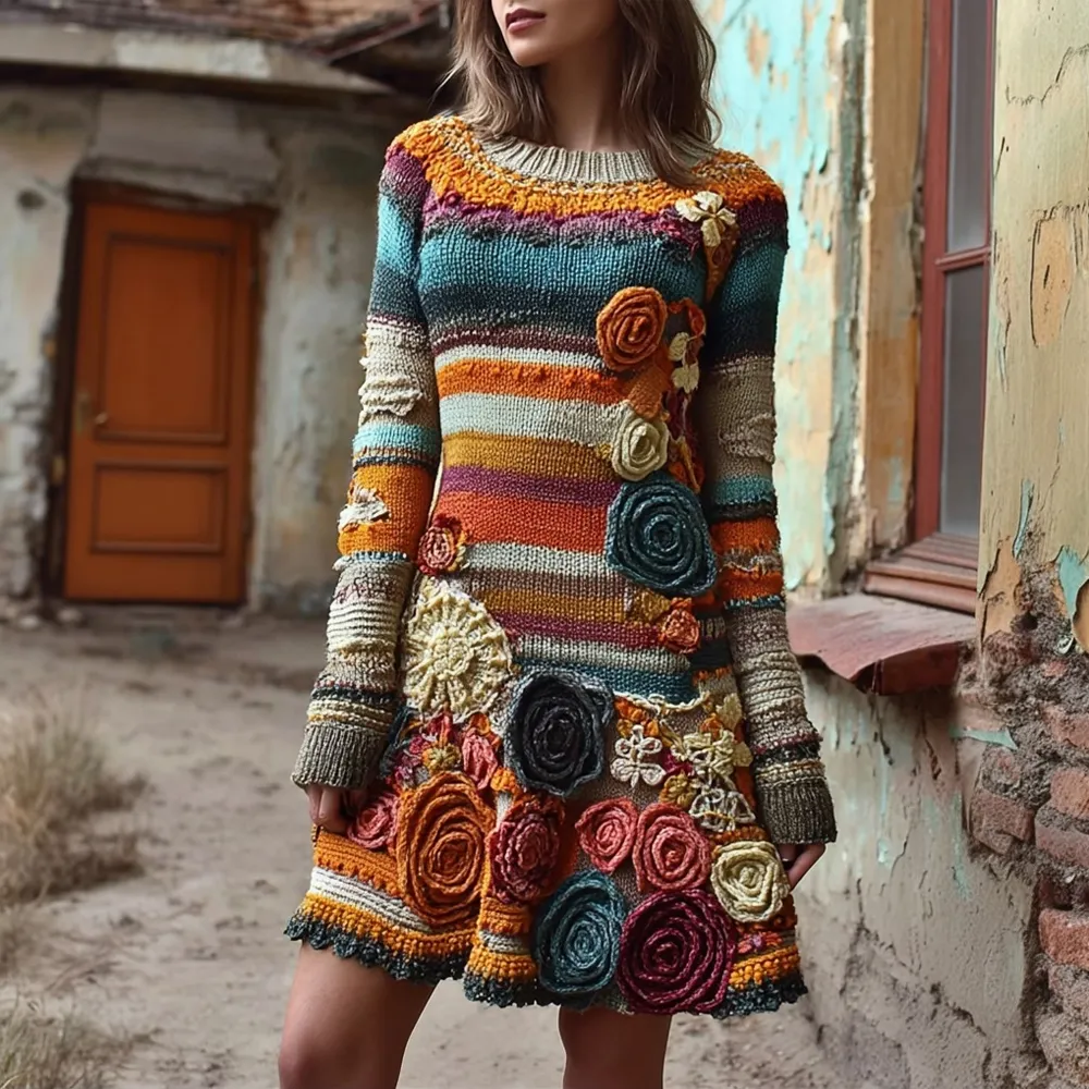 Retro Bohemia Flower Crochet Striped Midi Sweater Dress