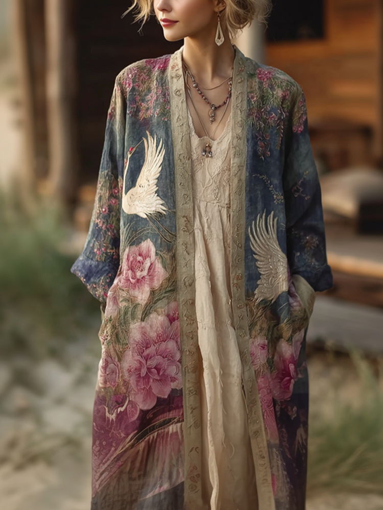 Japanese Art Retro Style Plant Flower & Crane Pattern Women's Cotton & Linen Cardigan