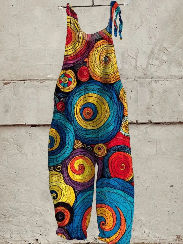 Vintage Abstract Pattern Art Print Casual Wide-Leg Jumpsuit