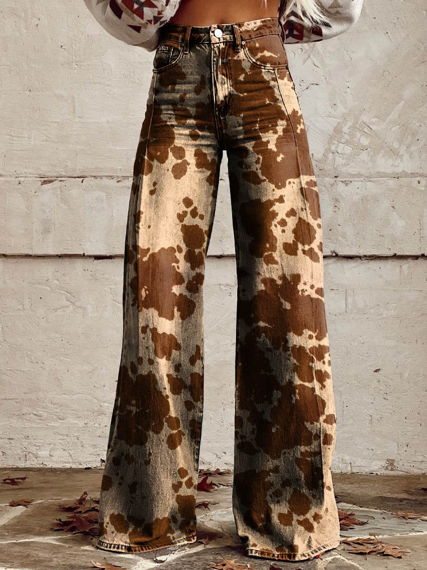 Brown Cow Texture Print Casual Wide-Leg Pants