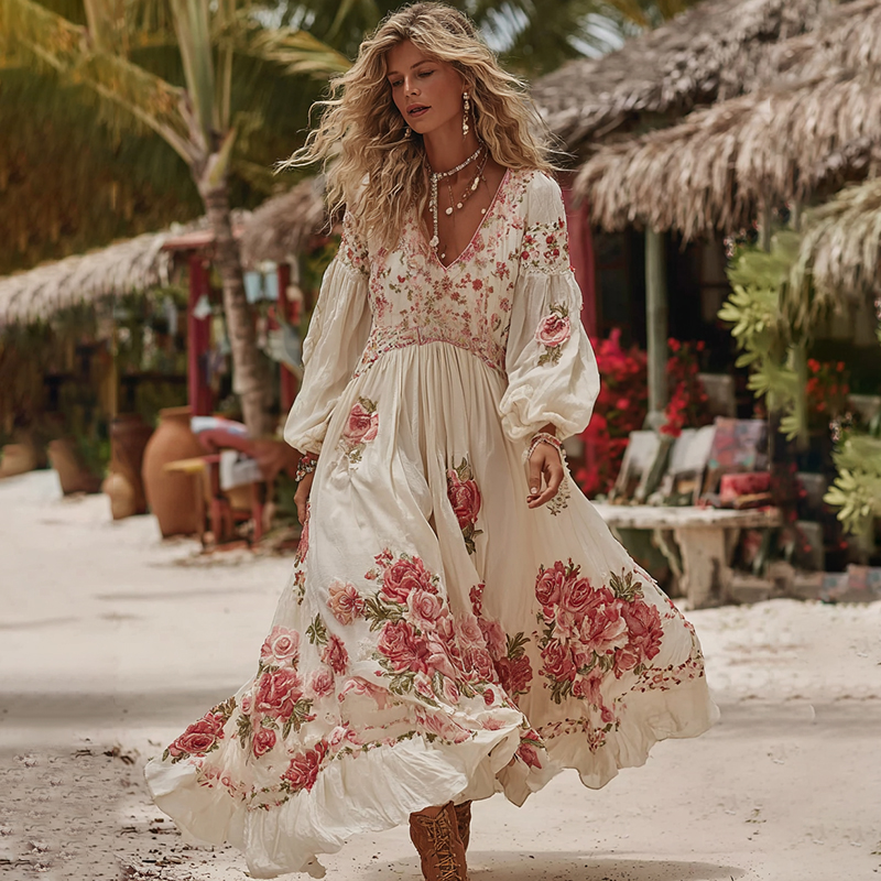 Women's Romantic Rose Patchwork Art Comfy Vacation Maxi Dress