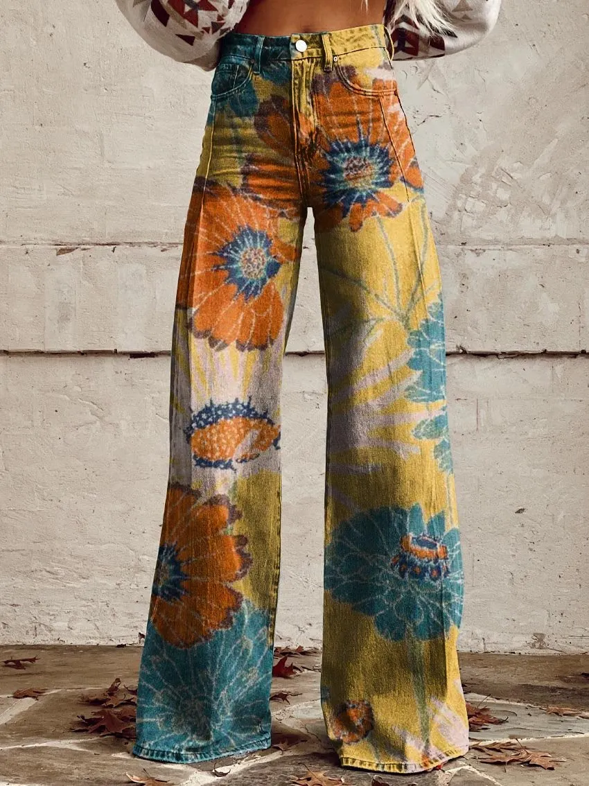 Flower Print Casual Wide-Leg Pants