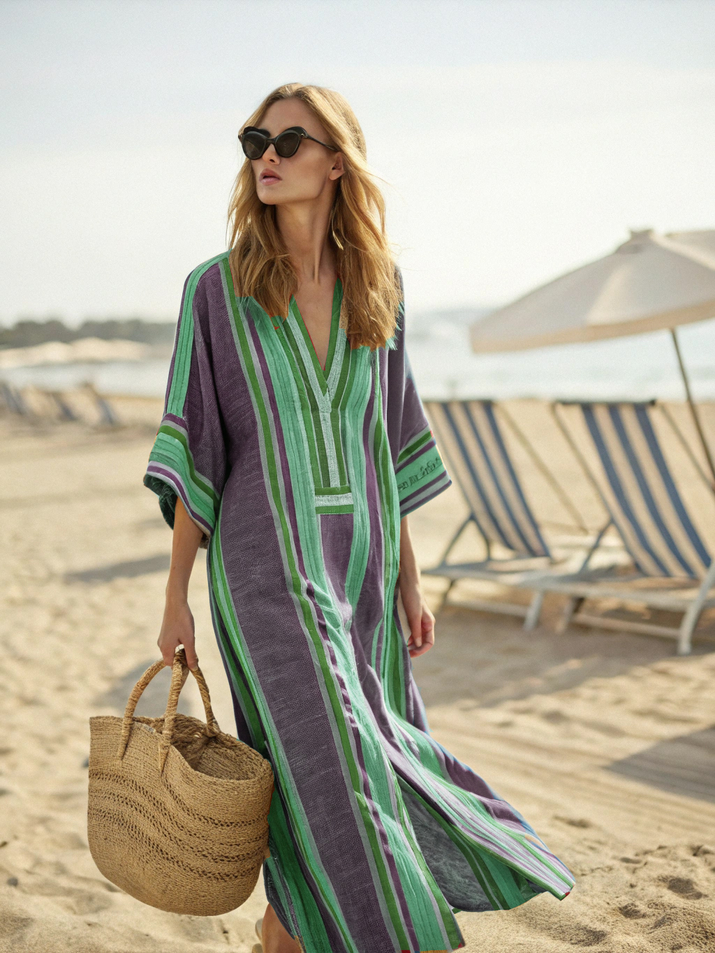 Contton & Linen Long-Sleeve Kaftan Maxi Dress