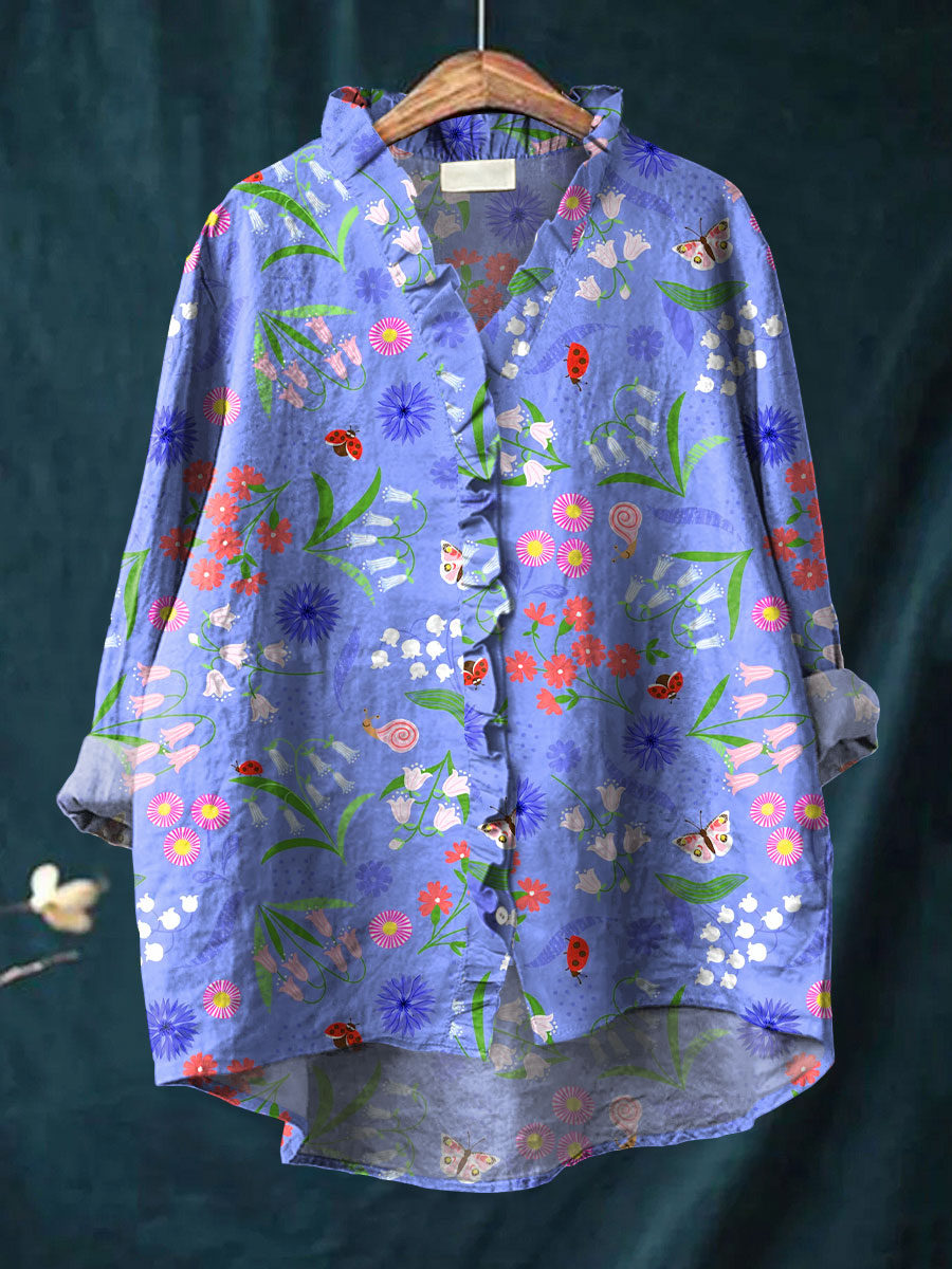 Cute Flower Art Print Casual Cotton & Linen Ruffle Shirt