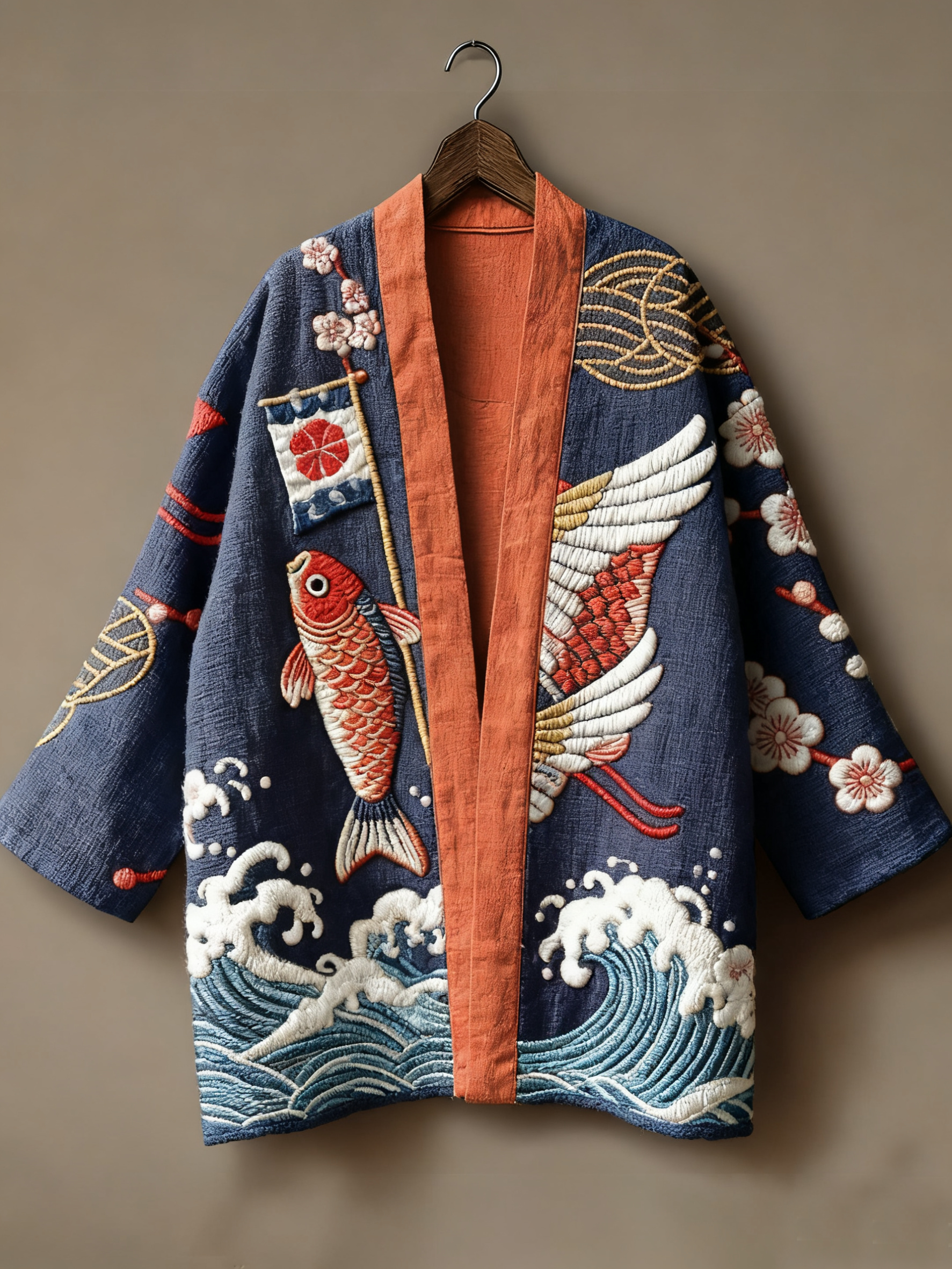 Japanese art ukiyo-e three-dimensional embroidered linen kimono cardigan