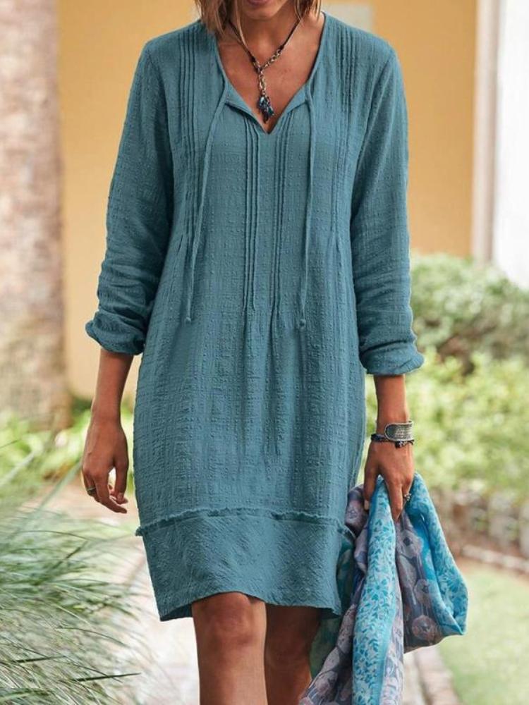 Solid Color Loose Long Sleeve Linen Mini Dress