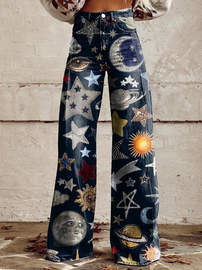 Collage Stars Print Casual Wide-Leg Pants