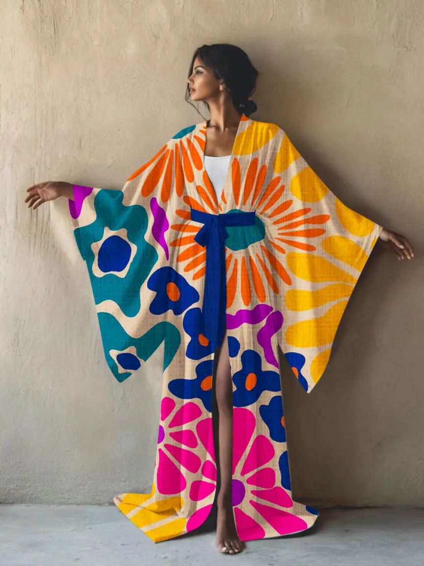 Artistic pattern resort kimono robe (with belt)
