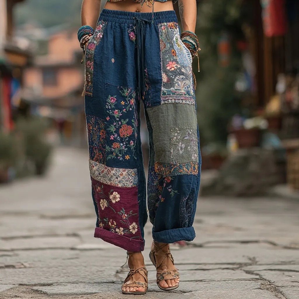 Japanese Sashiko & Floral Pattern Linen Pants