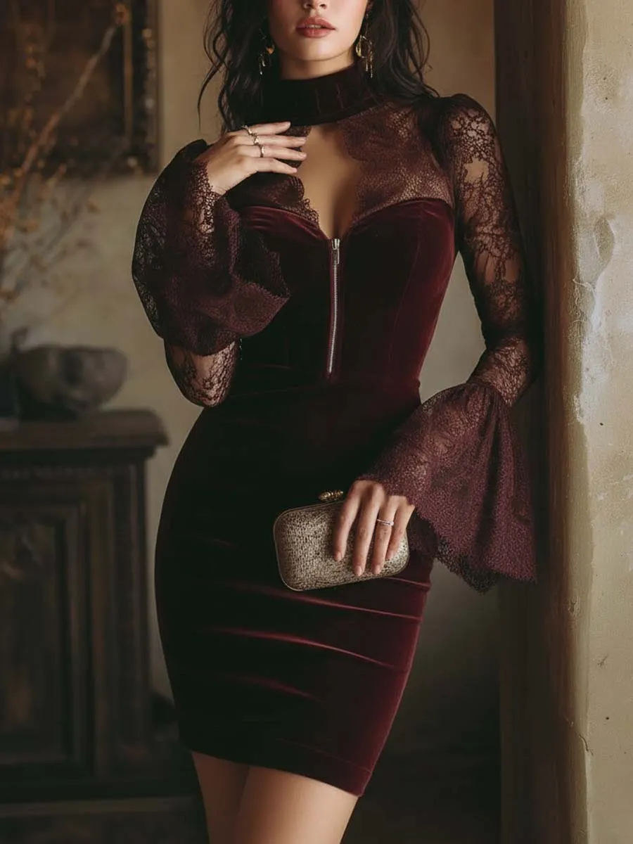 & Lace Bodycon Mini Dress In Burgundy