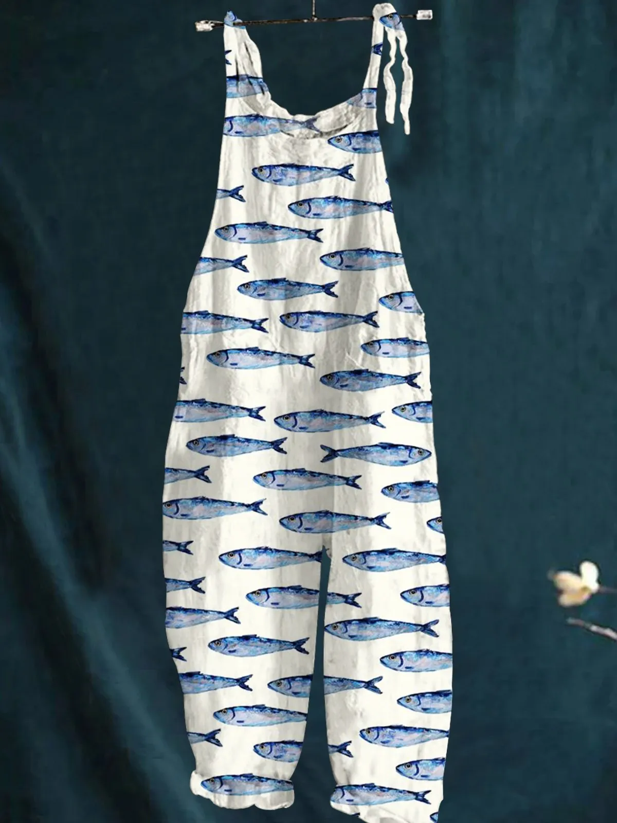 Blue Sardines Print Casual Wide-Leg Jumpsuit