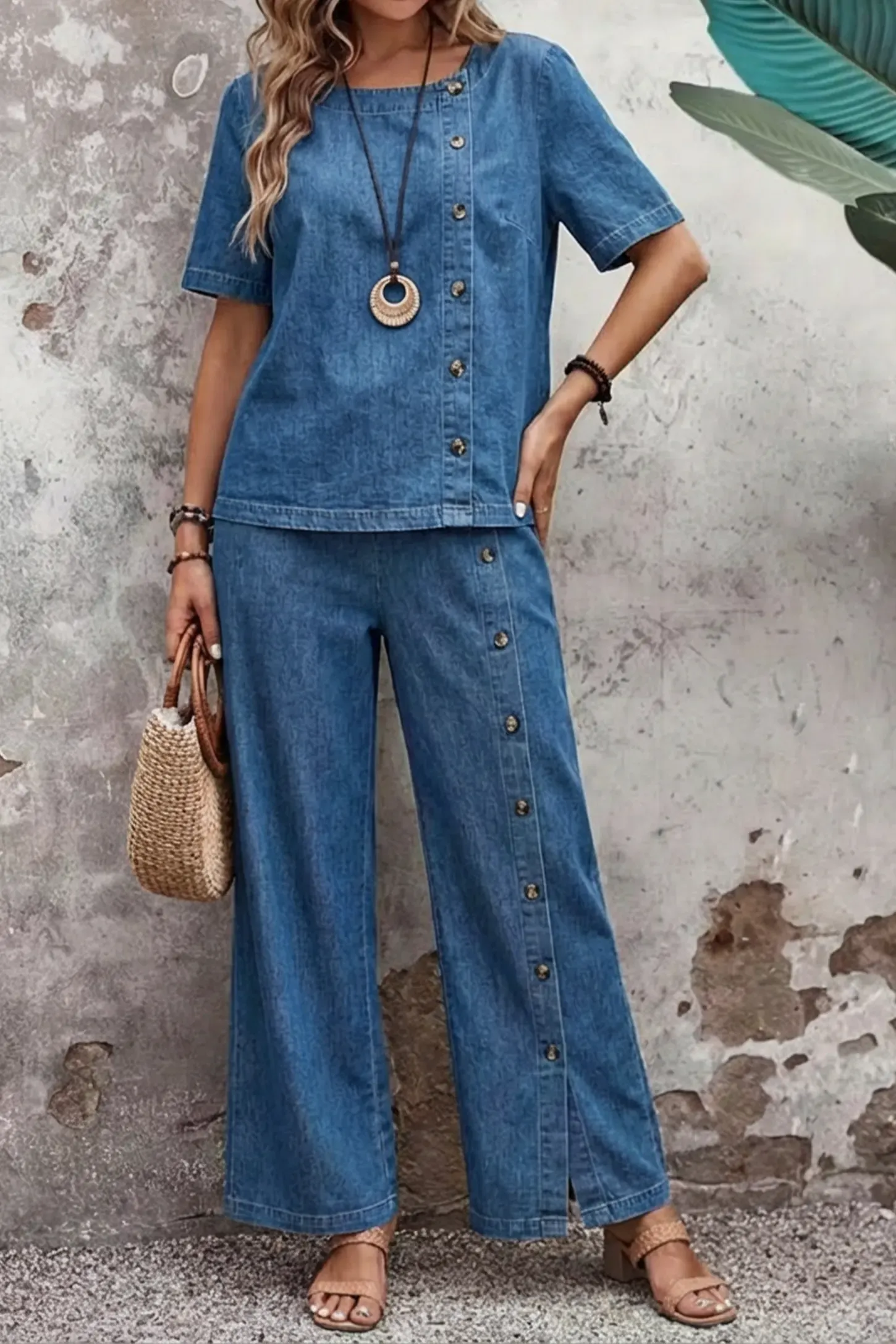 Casual Short-sleeved Button-up Denim Cotton Top & Jeans Two-piece Set
