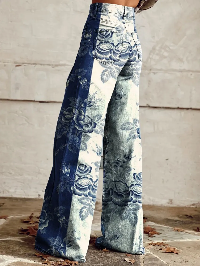 Vintage Print Casual Wide-Leg Pants
