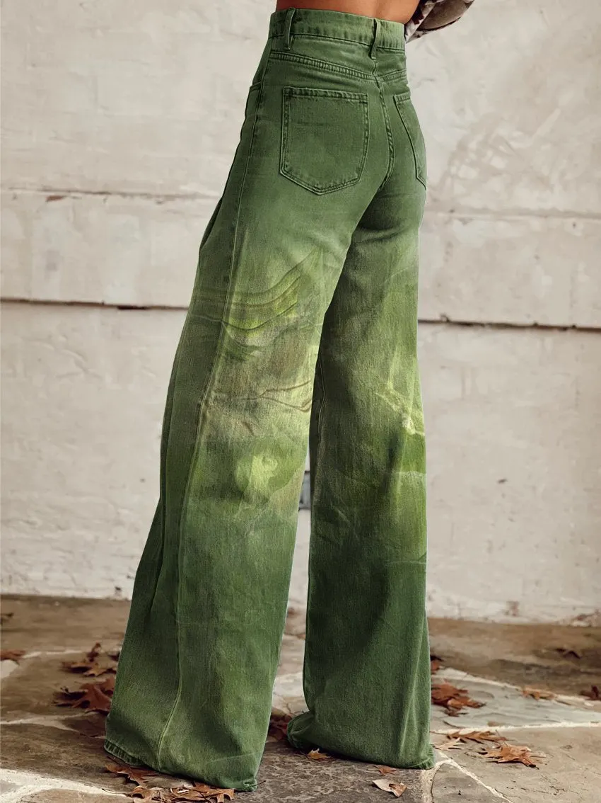 Retro Green Gradient Old Texture Print Casual Wide-Leg Pants