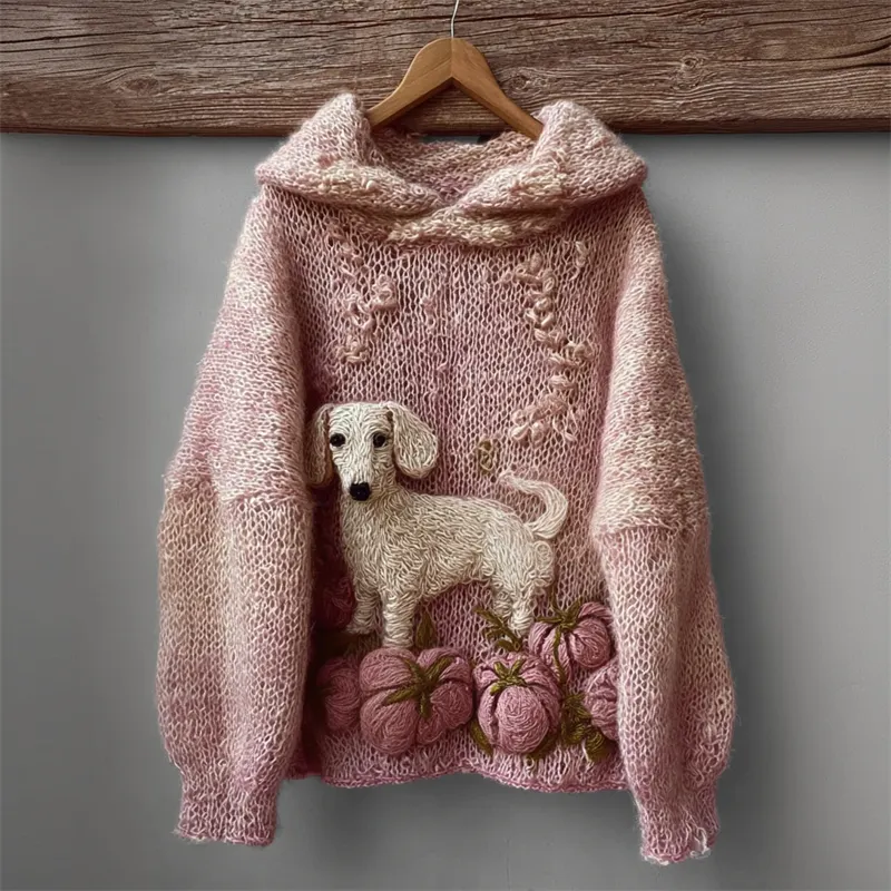 Lovely Dachshund Dog & Pink Pumpkins Cozy Fuzzy Hooded Sweater