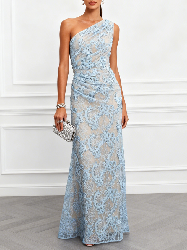 Light Blue Lace Jacquard One-Shoulder Sleeveless Mermaid Floor-length Gown