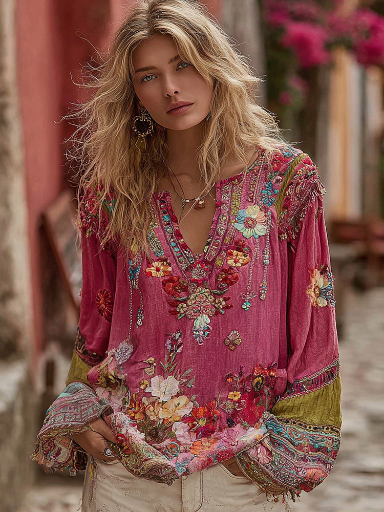 Women's Bohemian Floral Embroidery Art Linen Blend V-neck Shirt
