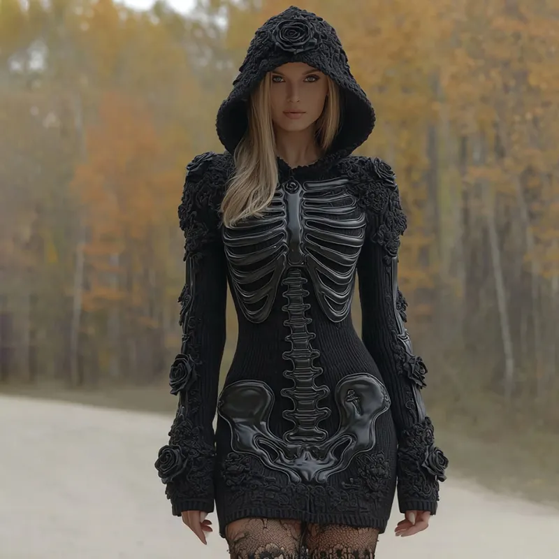 Women's Vintage Halloween Skeleton Bones Rose Lace Art Cozy Knit Hooded Sweater Dress
