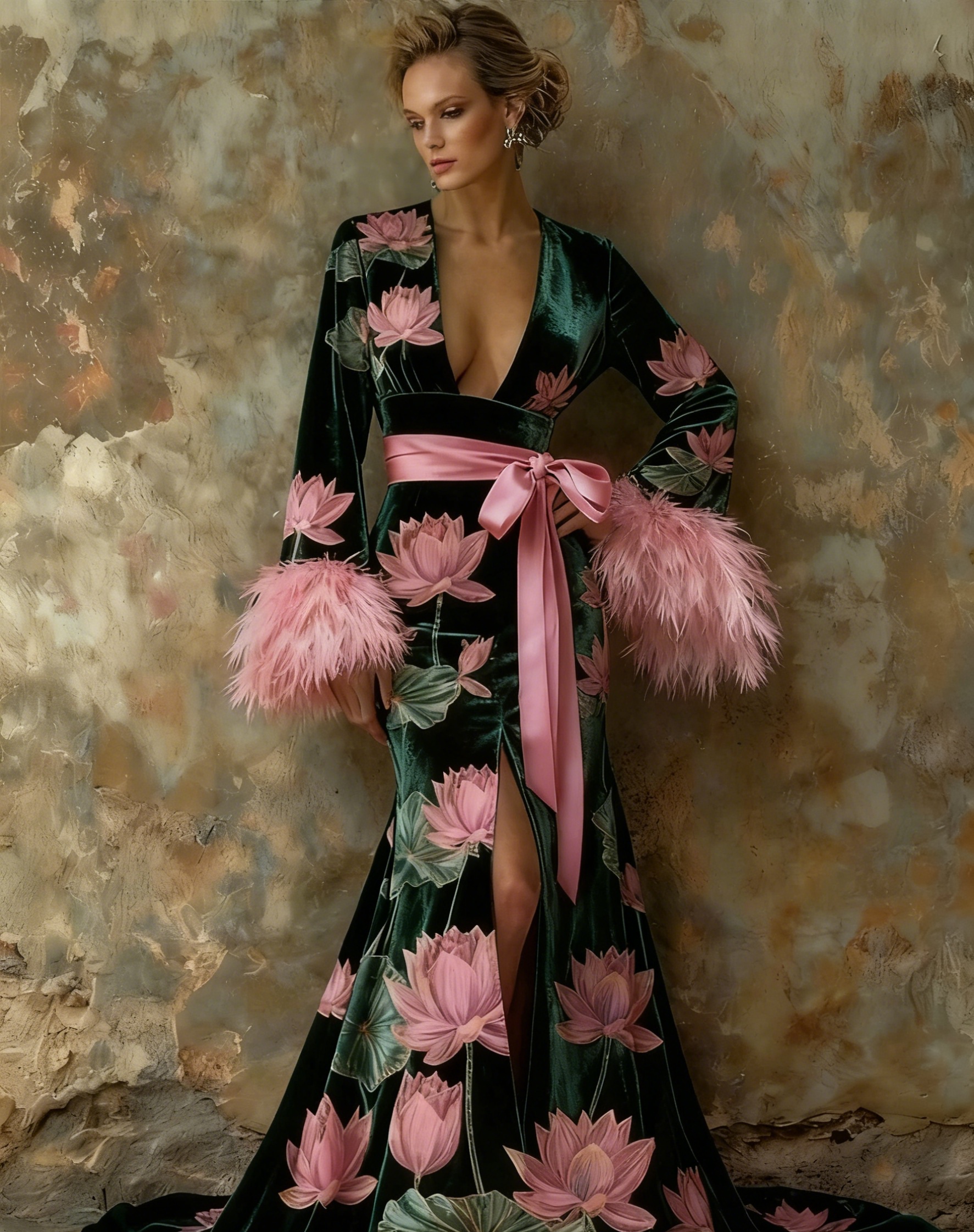Artistic floral print plush kimono robe, autumn/winter long robe with sash.