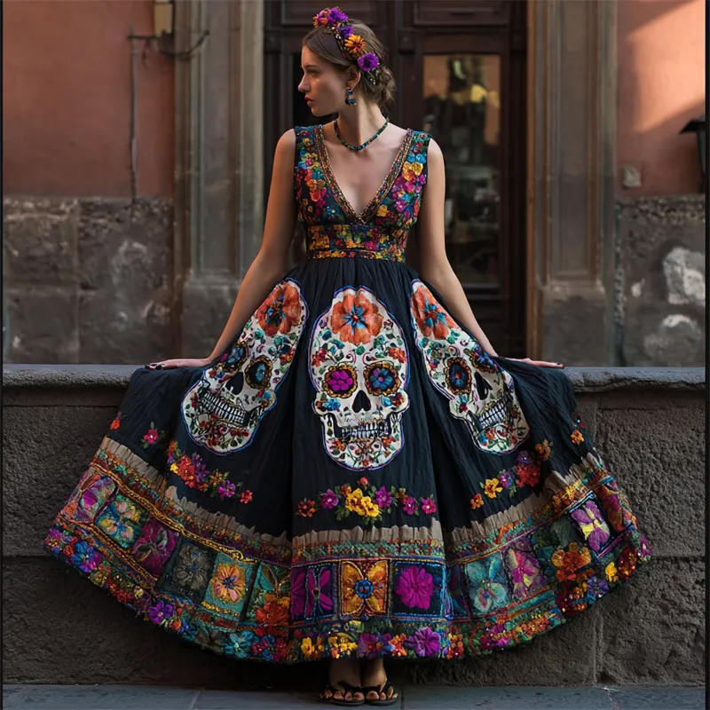 Day Of The Dead Sugar Skulls Mexican Floral Embroidered Linen Maxi Evening Dress