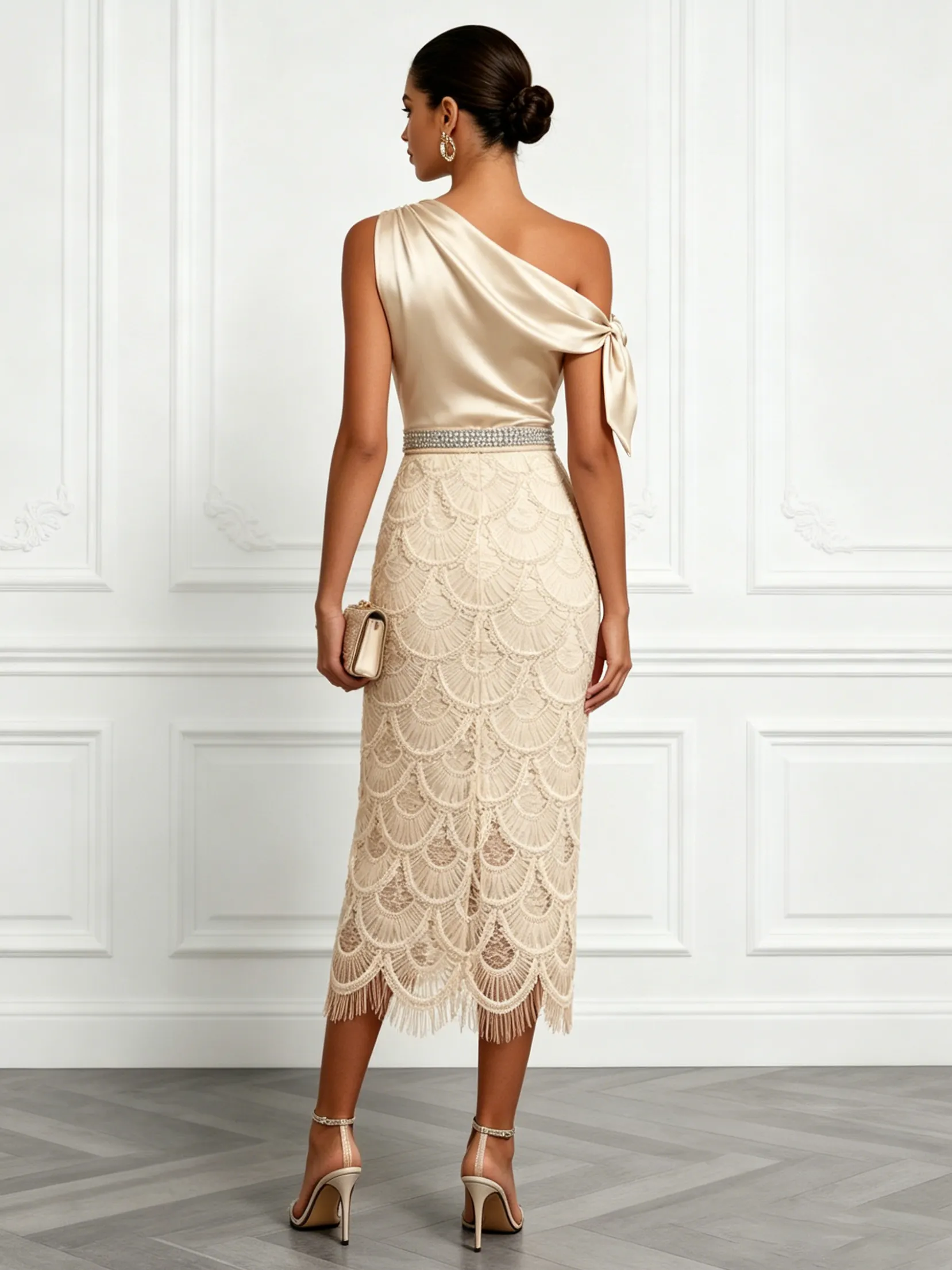 Champagne Rhinestone Bow Satin One-Shoulder Short-Sleeve Sheath Midi Dress