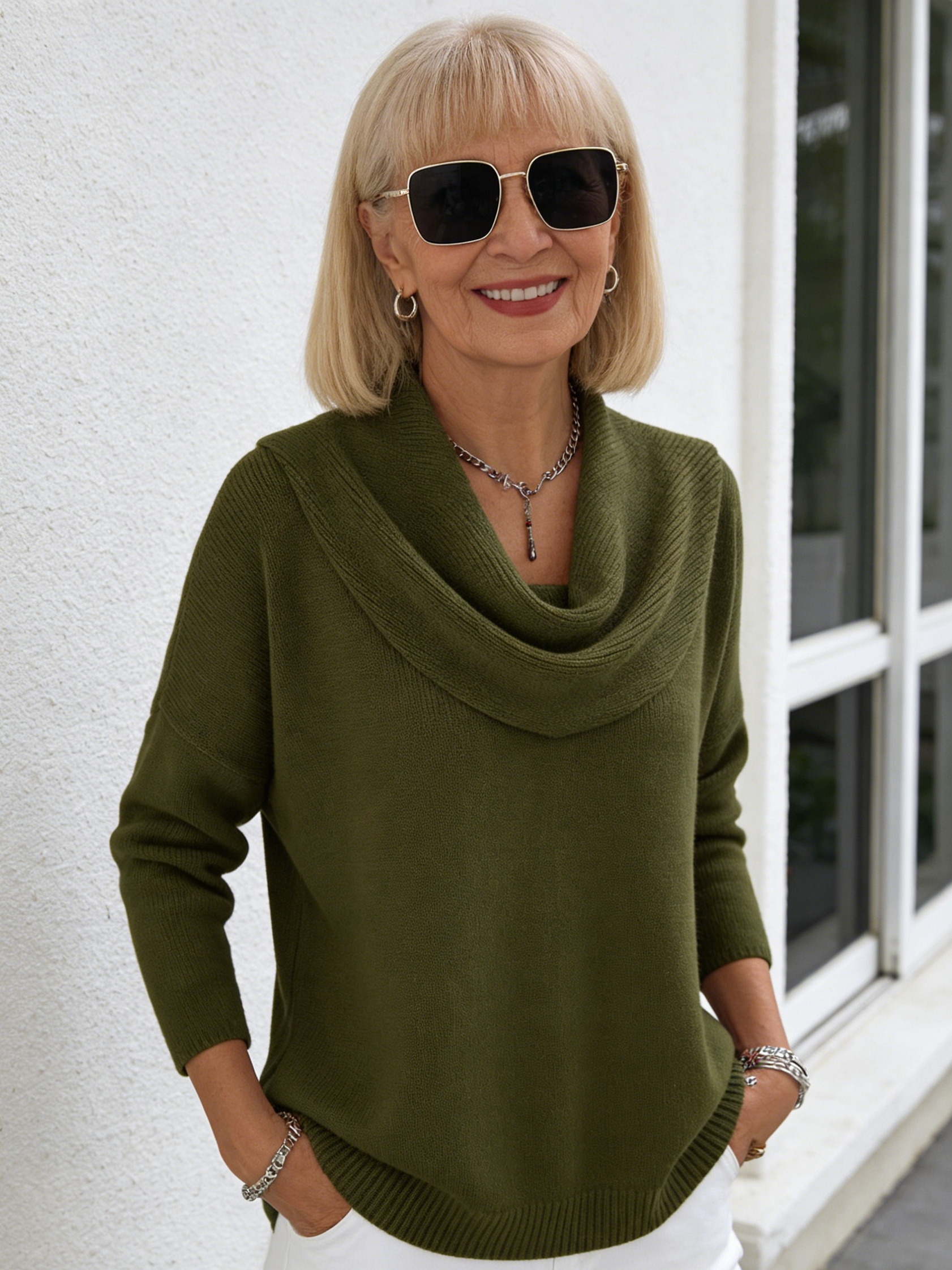 Ivory Cowl-Neck Knit Sweater