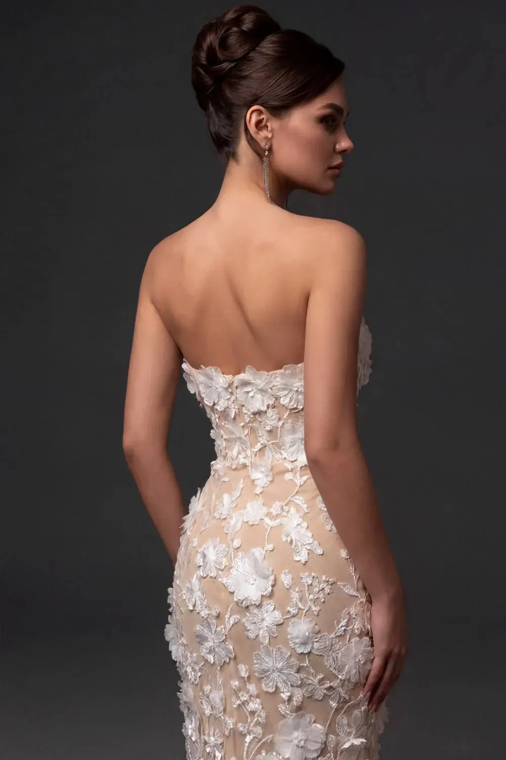 White Strapless Floral Dress Lace Midi Cocktail Dress