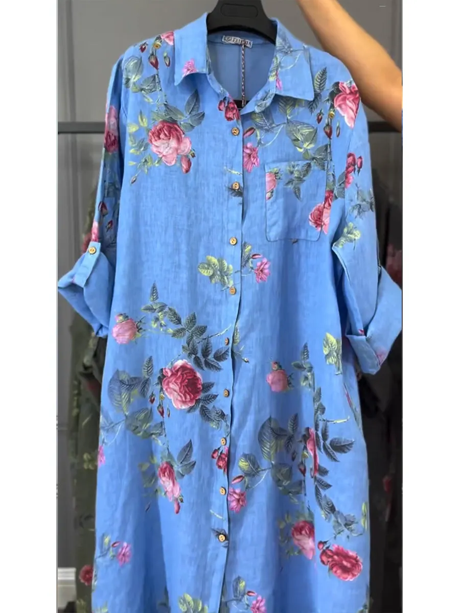 Floral Print Cotton & Linen Shirt Dress