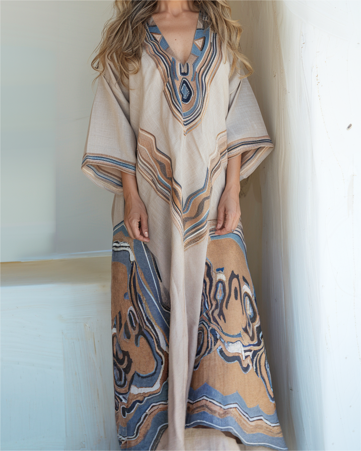 Contton & Linen Long-Sleeve Kaftan Maxi Dress