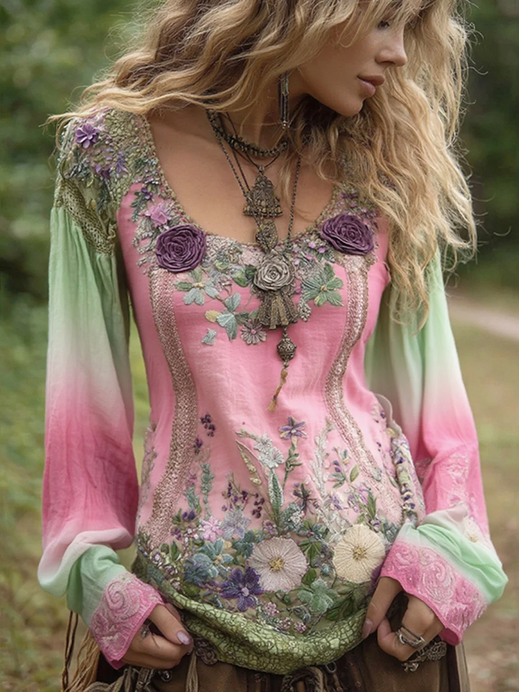 Classy Gradient Purple Lavender And Floral Embroidered Long Sleeve Shirt