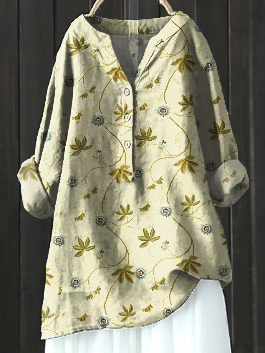 Floral Art Print Casual Cotton & Linen Shirt