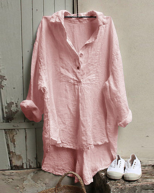 V-neck Loose Cotton & Linen Casual Shirt