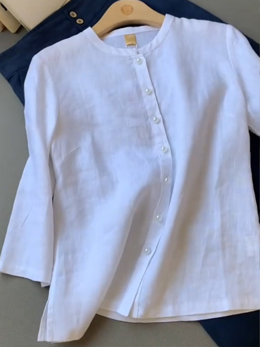 Tencel Linen Stand Collar Pearl Button Shirt