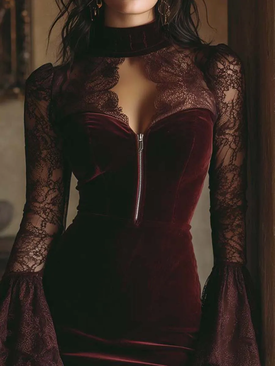 & Lace Bodycon Mini Dress In Burgundy