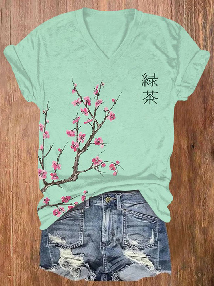 Japanese Cherry Blossom Print Short-sleeved V-neck T-shirt