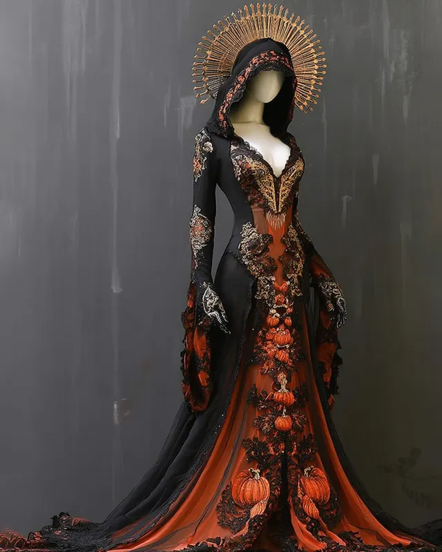Bohemian style gradient pumpkin embroidered ruffled hooded Evening Dress 2dbd
