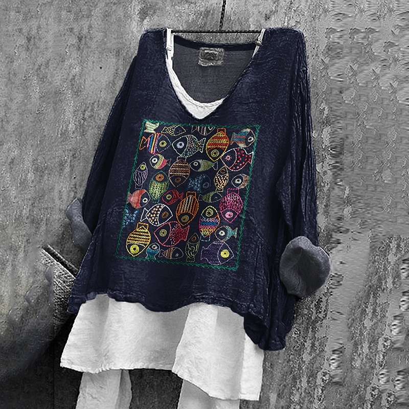 Japanese Fish Art Print V-neck Loose Linen T-shirt