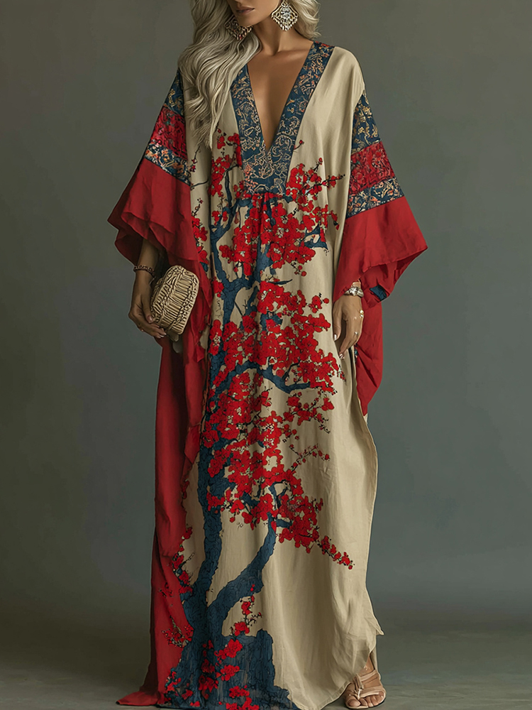 Red Maple Blossom Art V-neck Kaftan