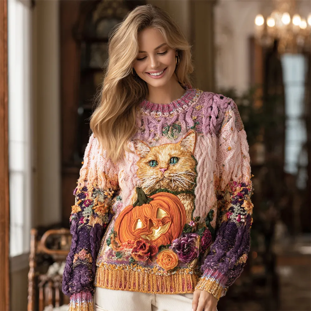 Thanksgiving Pumpkin & Cat Ombre Women's Knit Sweater