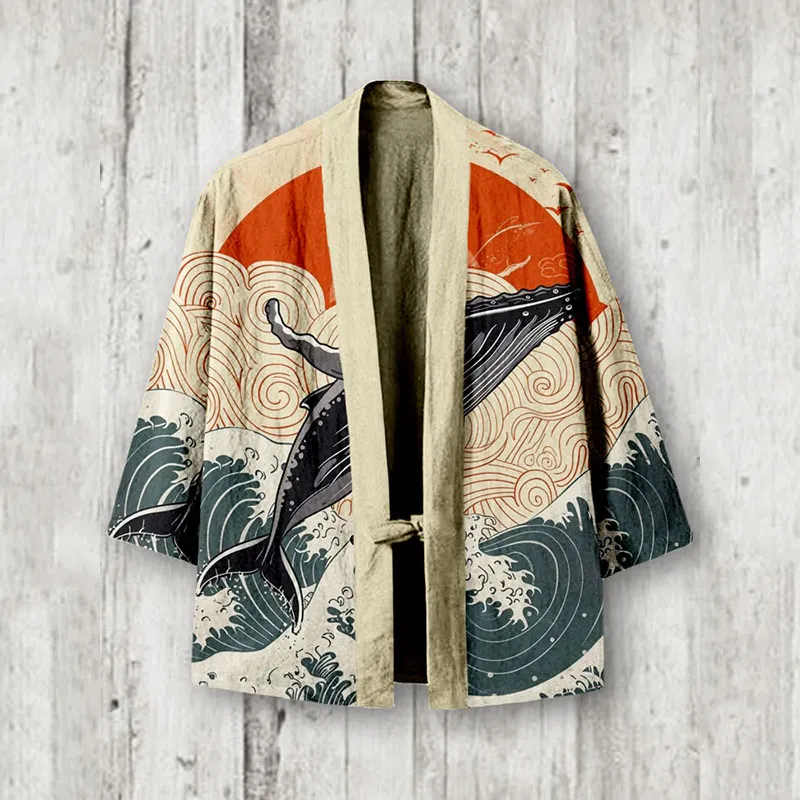 Whale Sunrise Japanese Art Linen Blend Kimono Cardigan