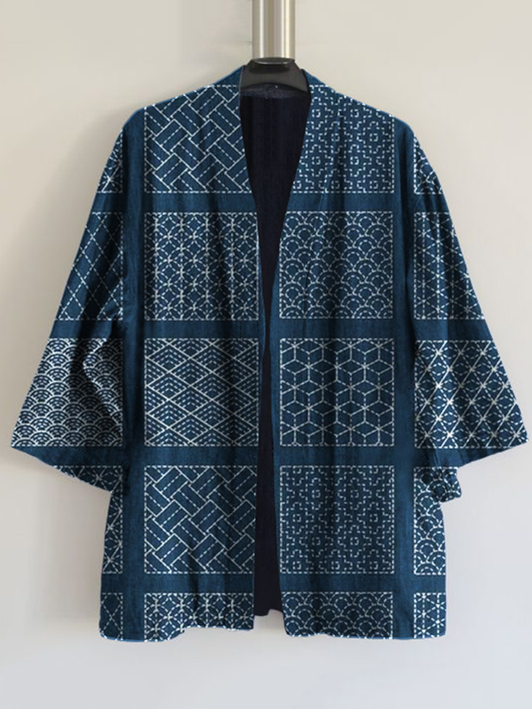 Japanese Traditional Sashiko Art Print Blend Kimono Cardigan
