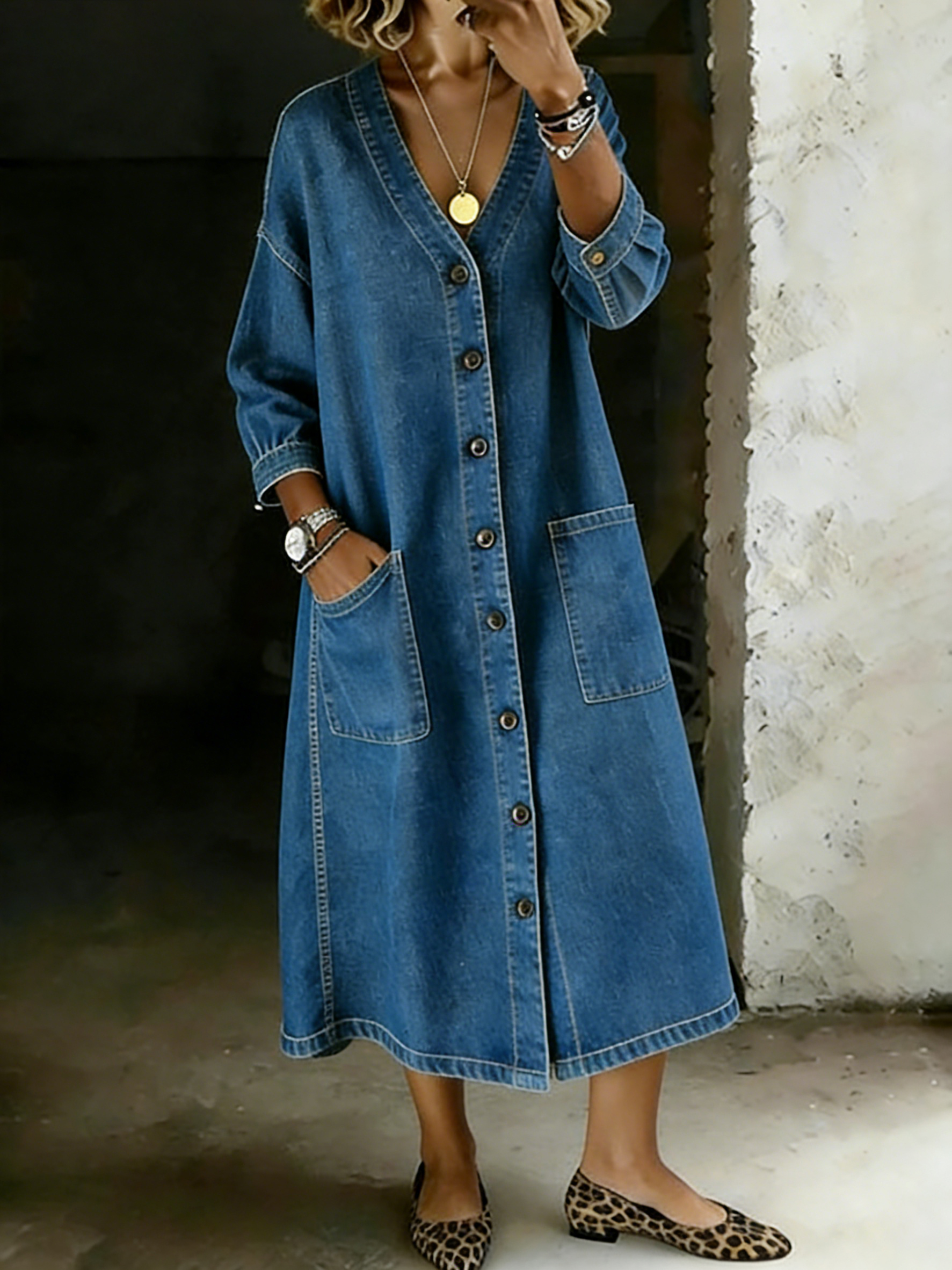 Long-Sleeve V-neck Button Up Cardigan Casual Loose Denim Dress