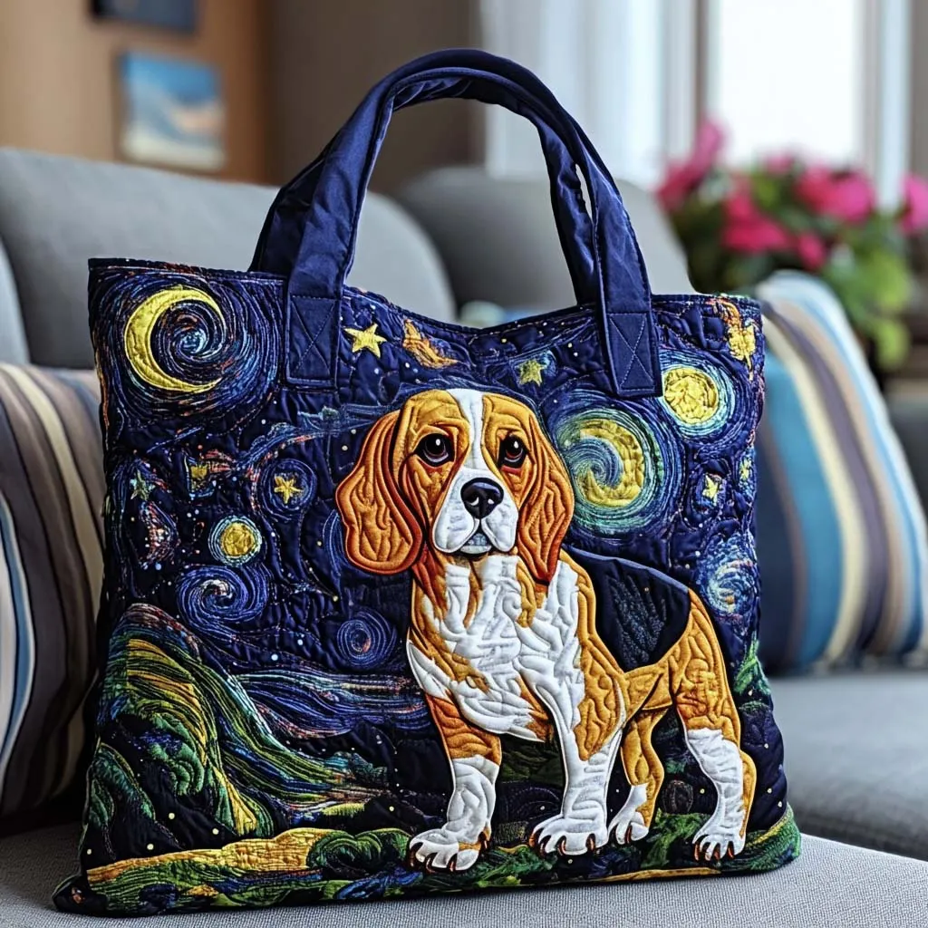Starry Night Dog Quilted Tote Bag
