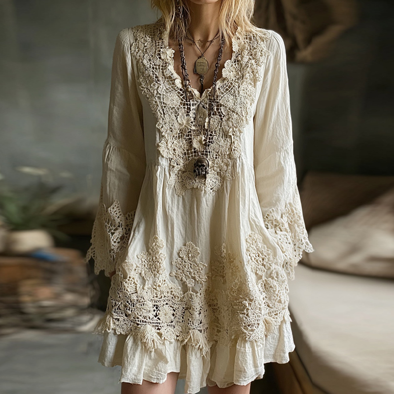 Women's Vintage Lace Floral Art Midi Dress