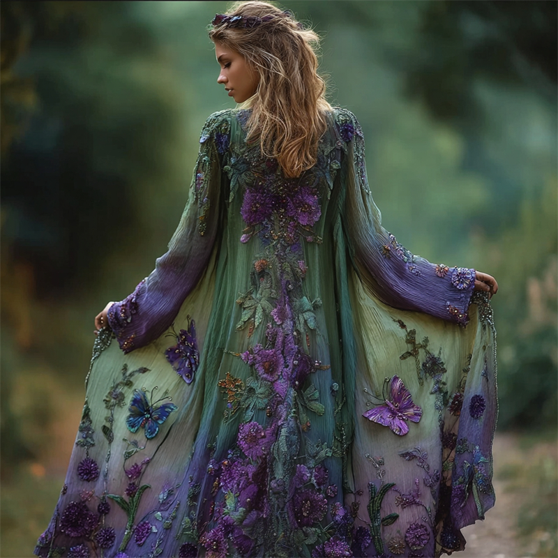 Forest Butterflies Floral Gradient Flowy Long Linen Cardigan