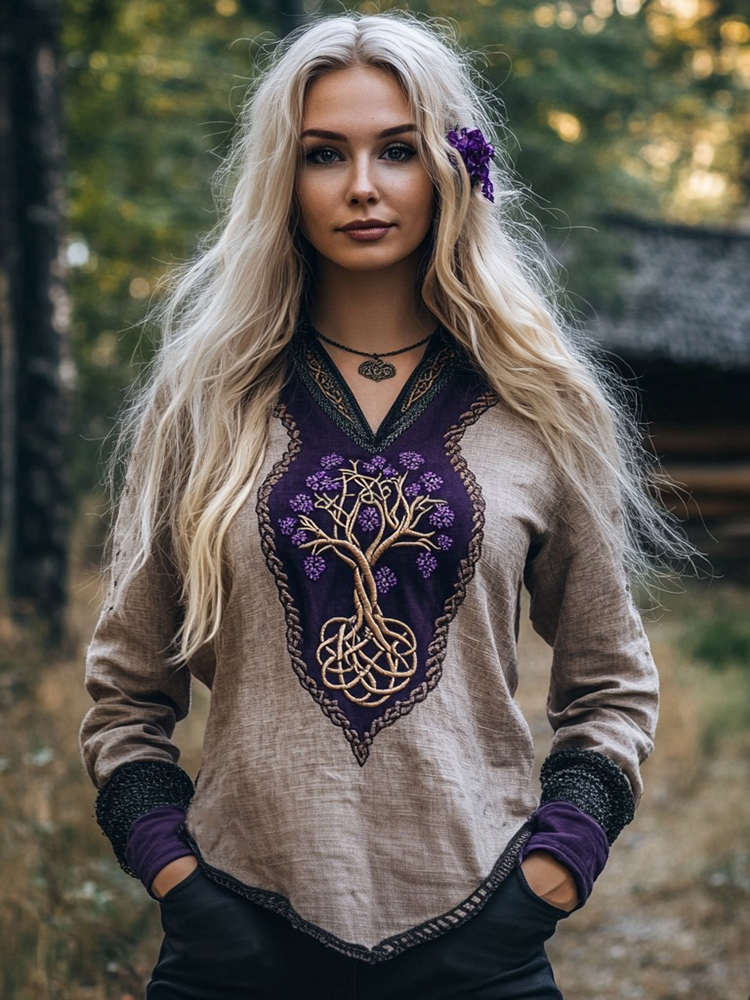 Women's Viking Purple Blossom Tree Of Life Patchwork Shirt