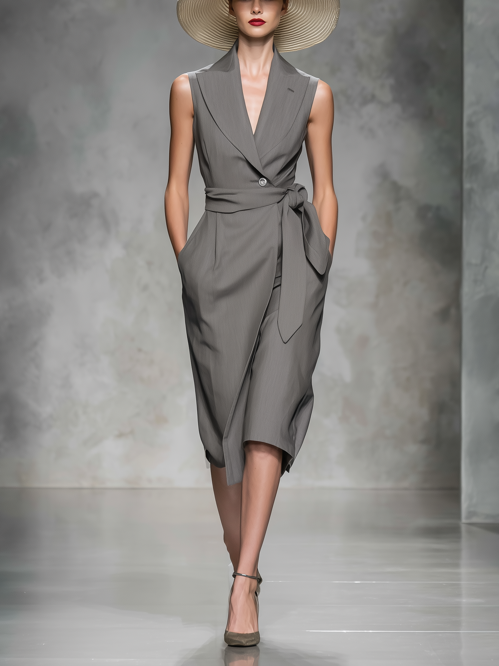 Elegant Gray Sleeveless Collared Suit Dress With Belt