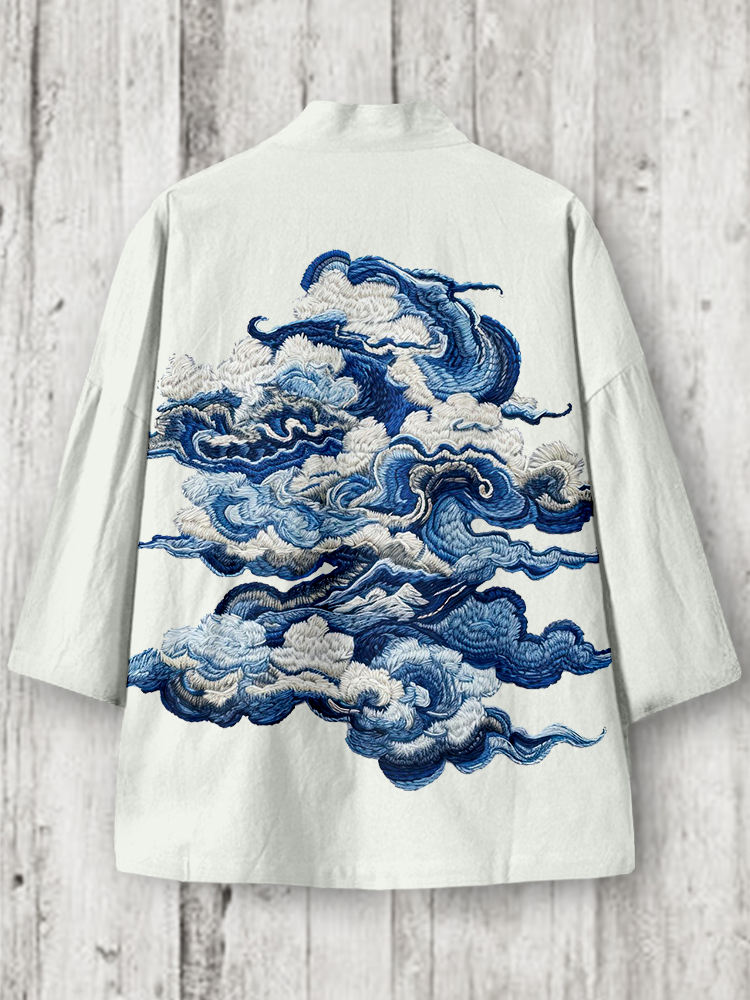 Men's Japanese Cloud Embroidered Linen Blend Kimono Cardigan