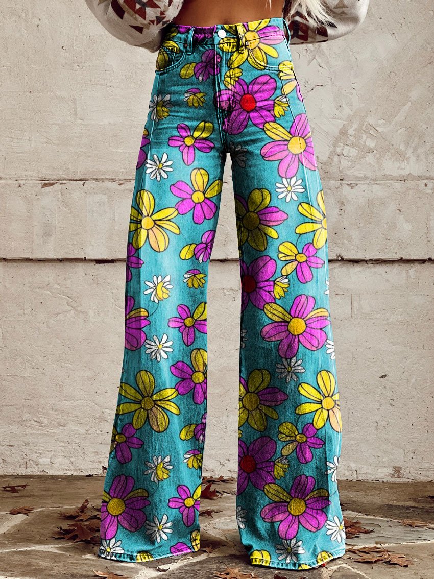Vintage Print Casual Wide-Leg Pants
